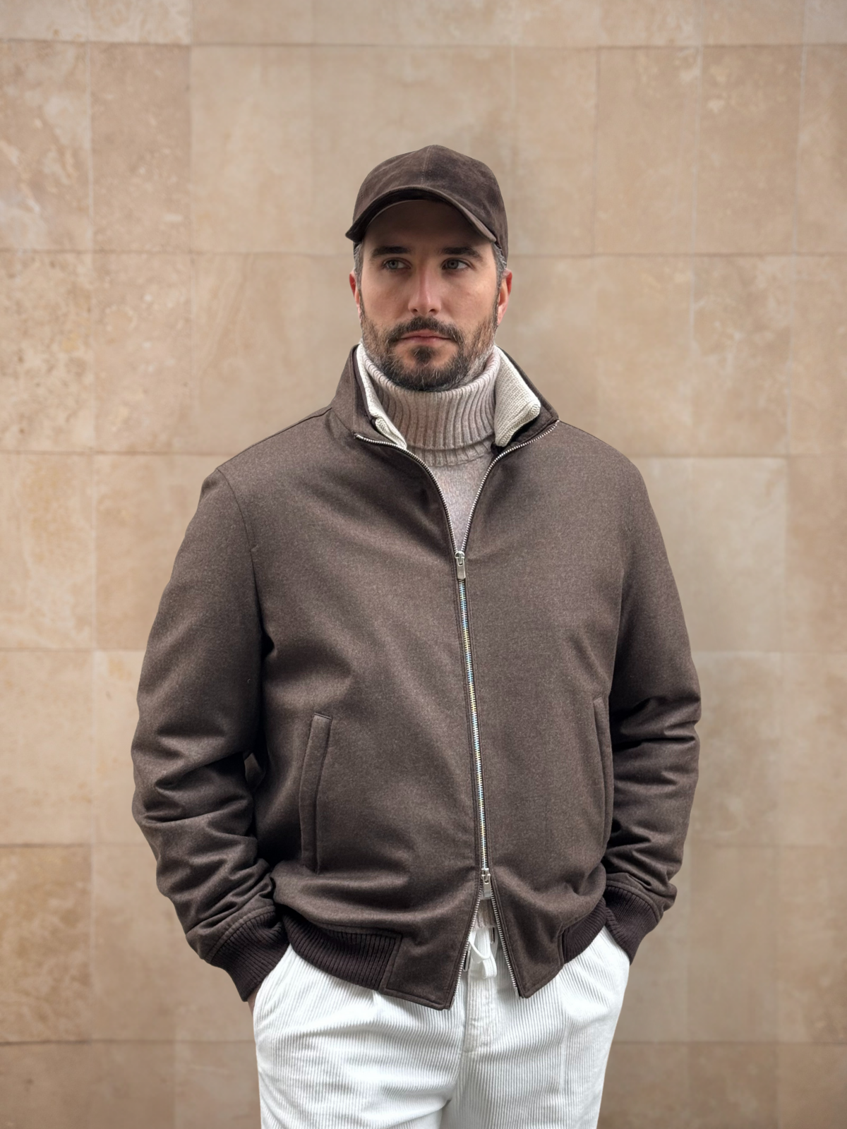 ジャケット・アウター sheller Handmade stitch wool jacket coat BOMBER WITH KNITTED COLLAR - CHOCOLATE