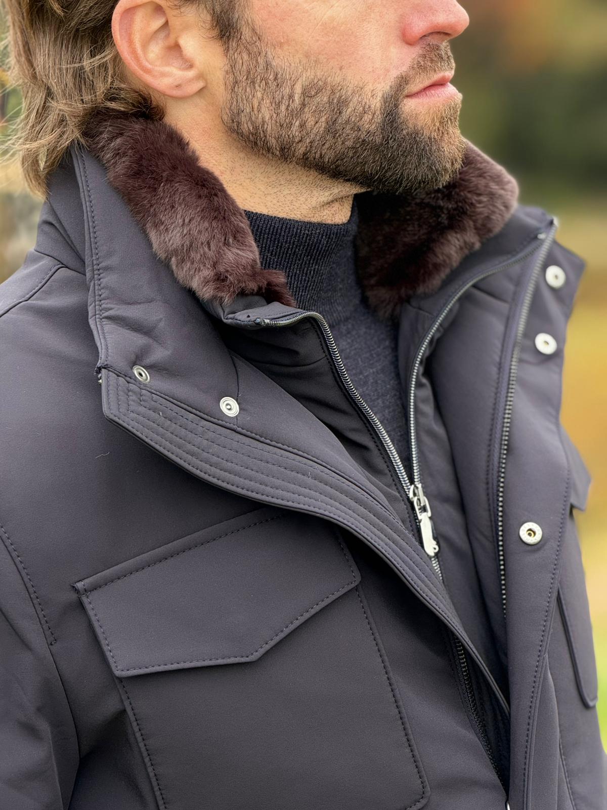 Field Jacket with Fur Collar - Technical Navy
