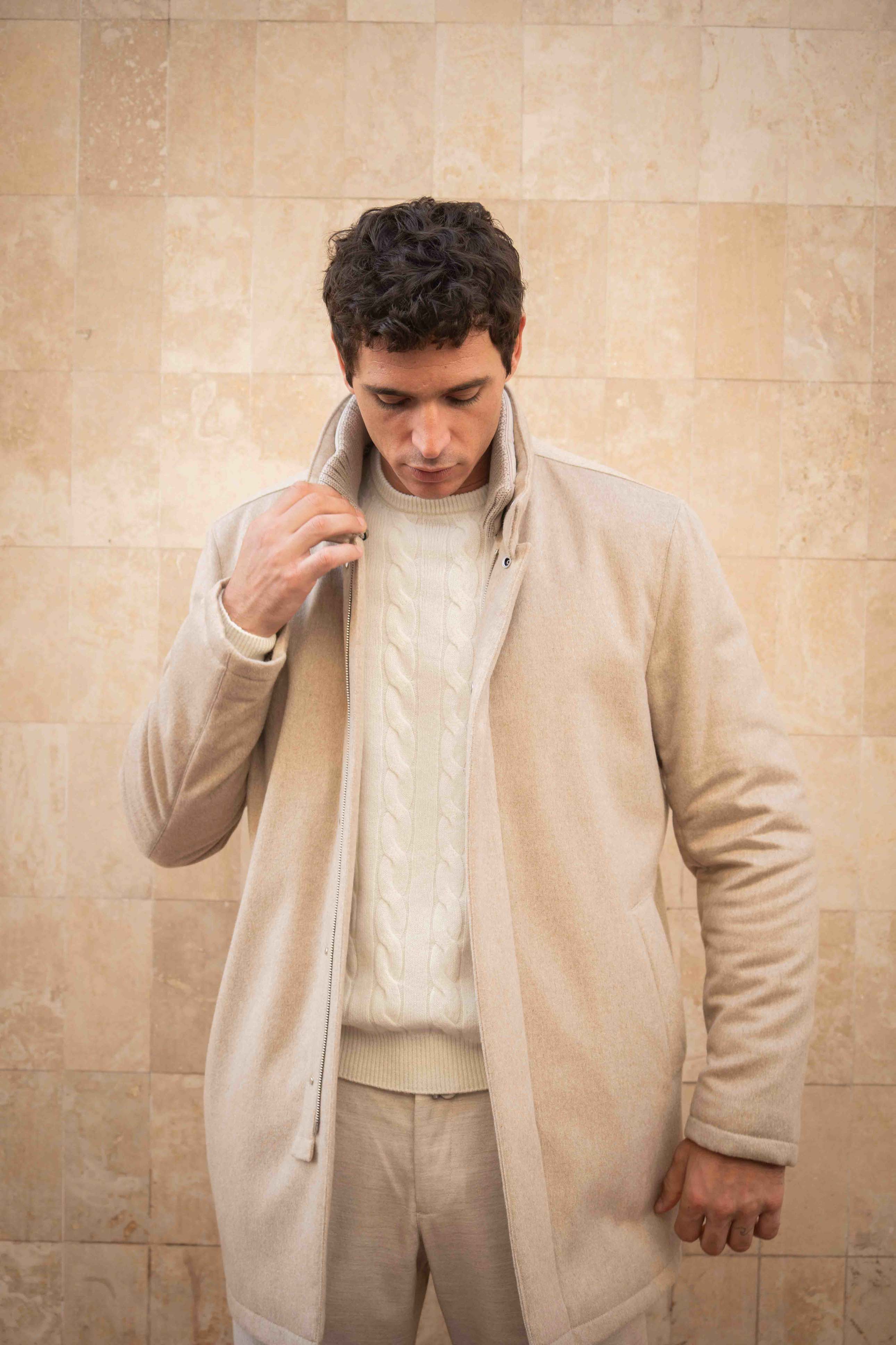 Smart Coat with Knitted Collar - Cashmere Sand