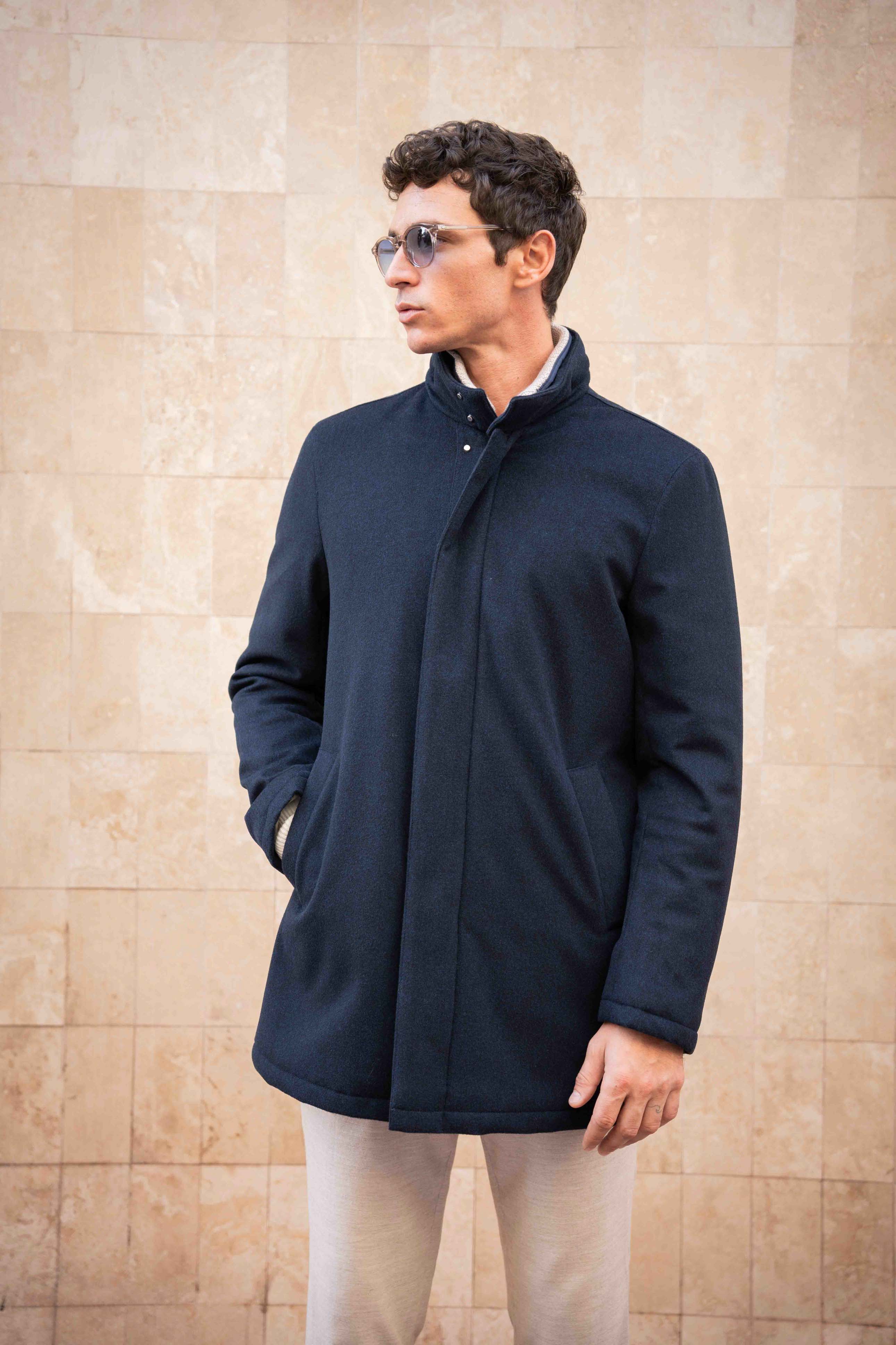 Smart Coat with Knitted Collar - Wool Navy