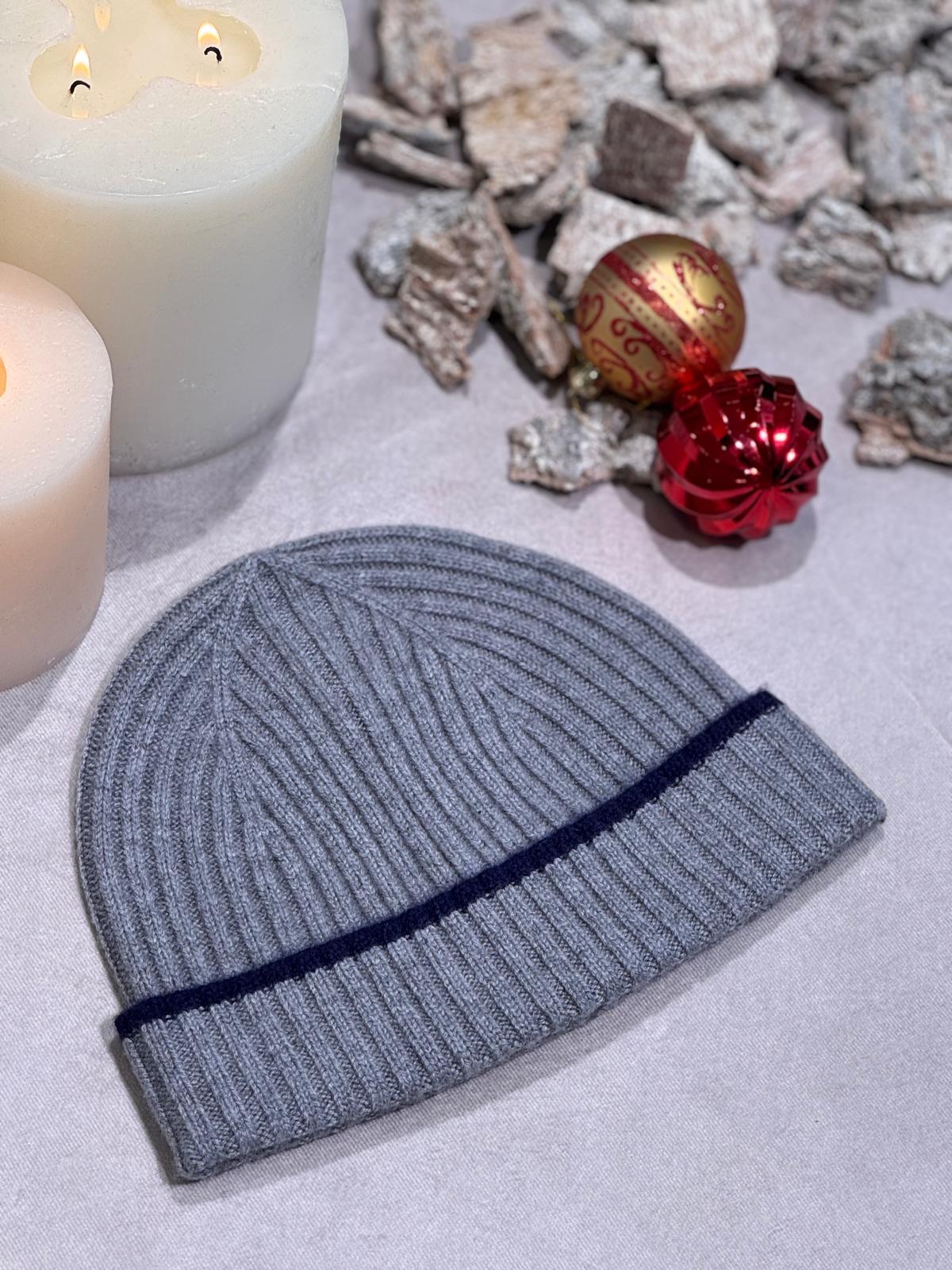 BEANIE CASHMERE GREY & NAVY