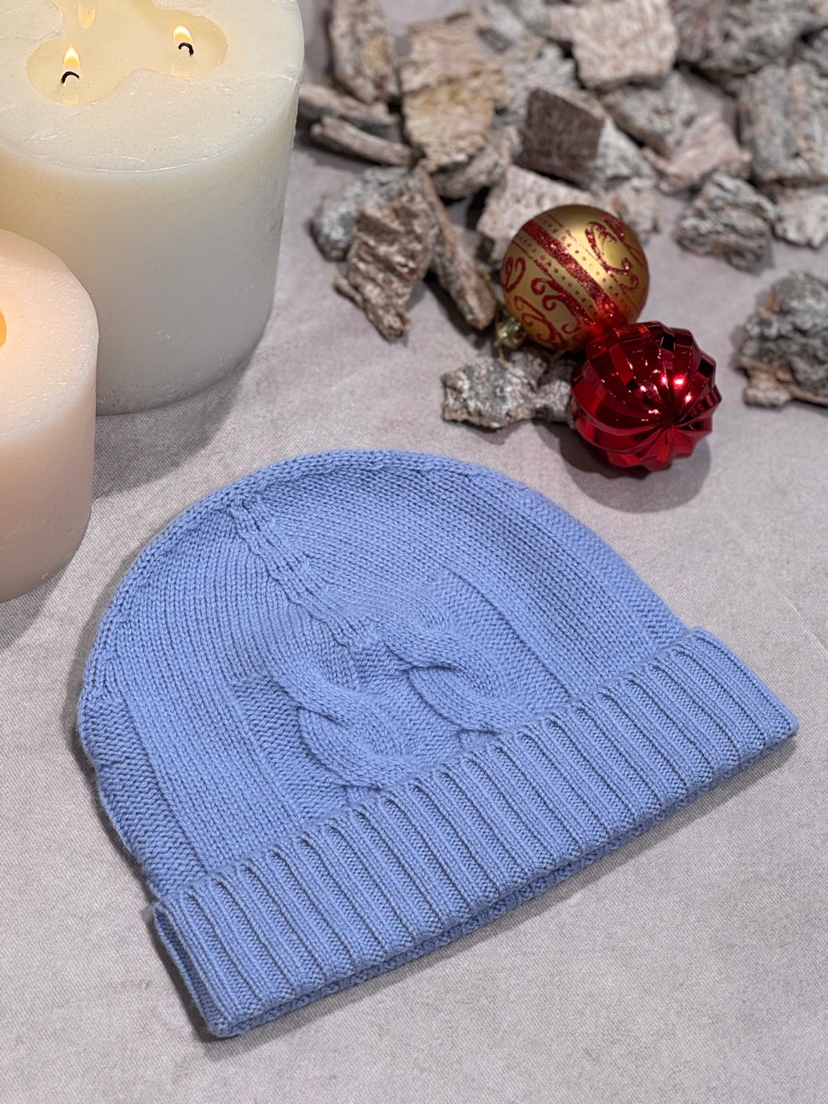 BEANIE CASHMERE TRECCE SKY BLUE