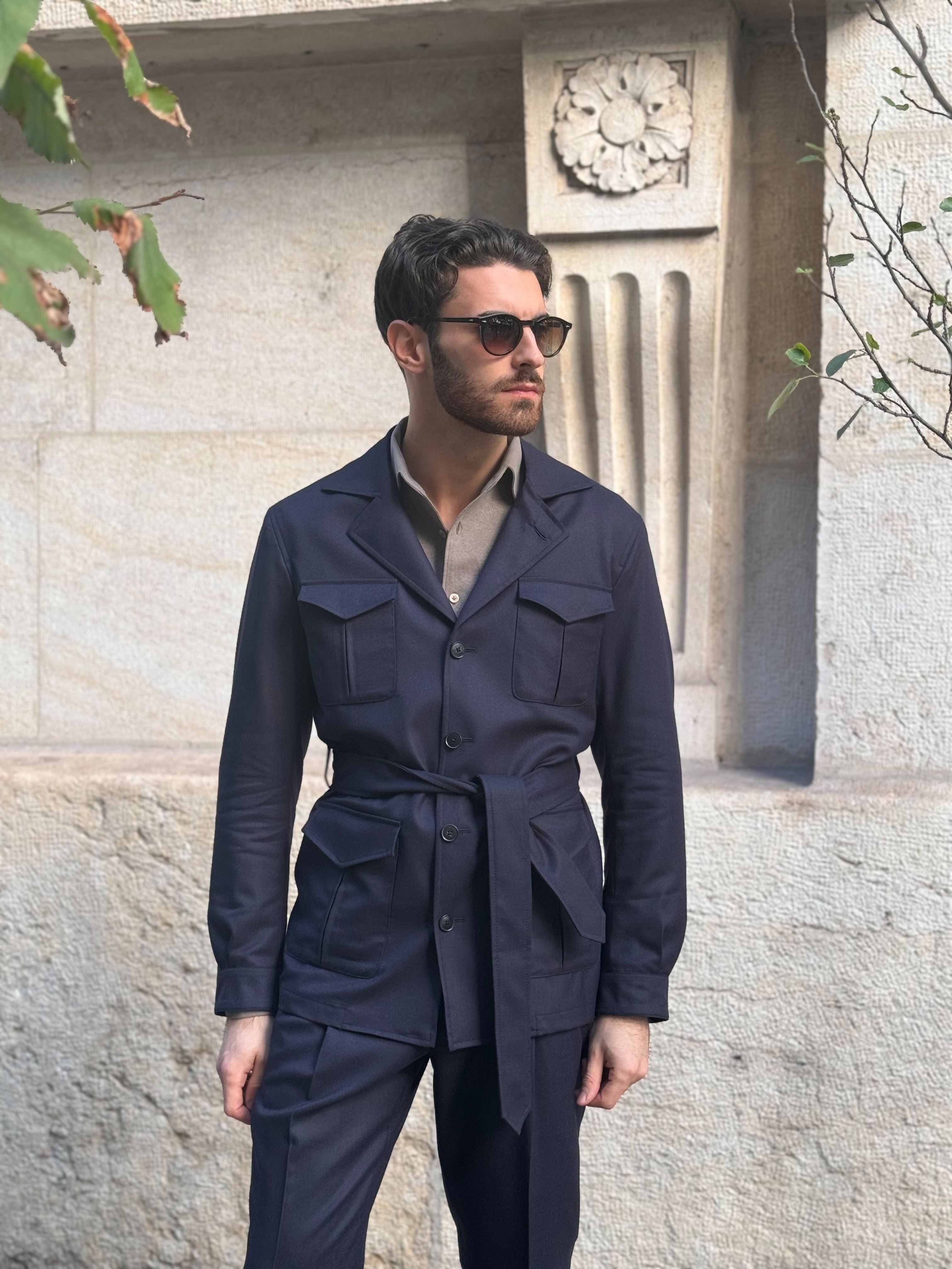 Belted Safari Jacket - Flanella Navy