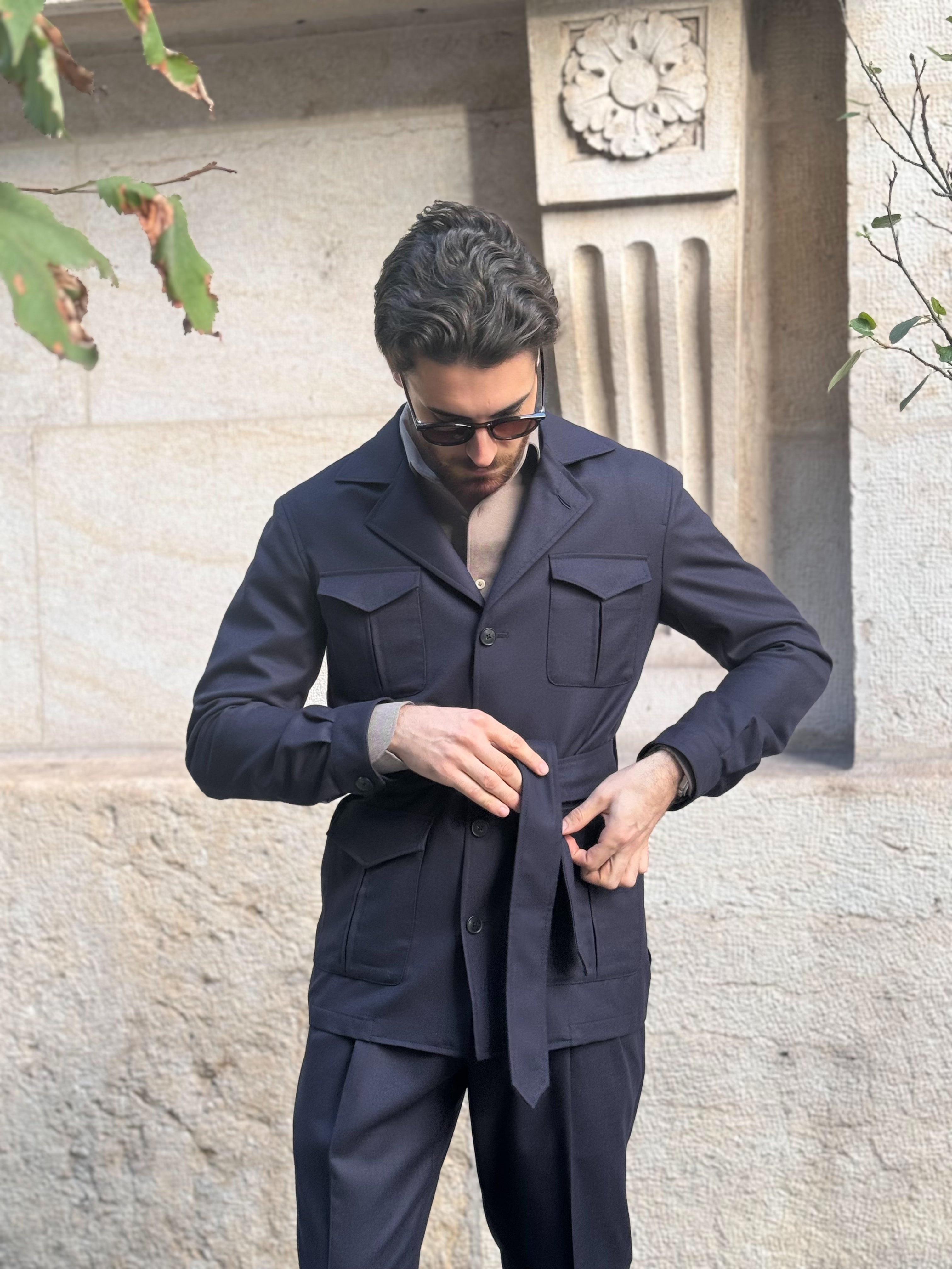 Belted Safari Jacket - Flanella Navy