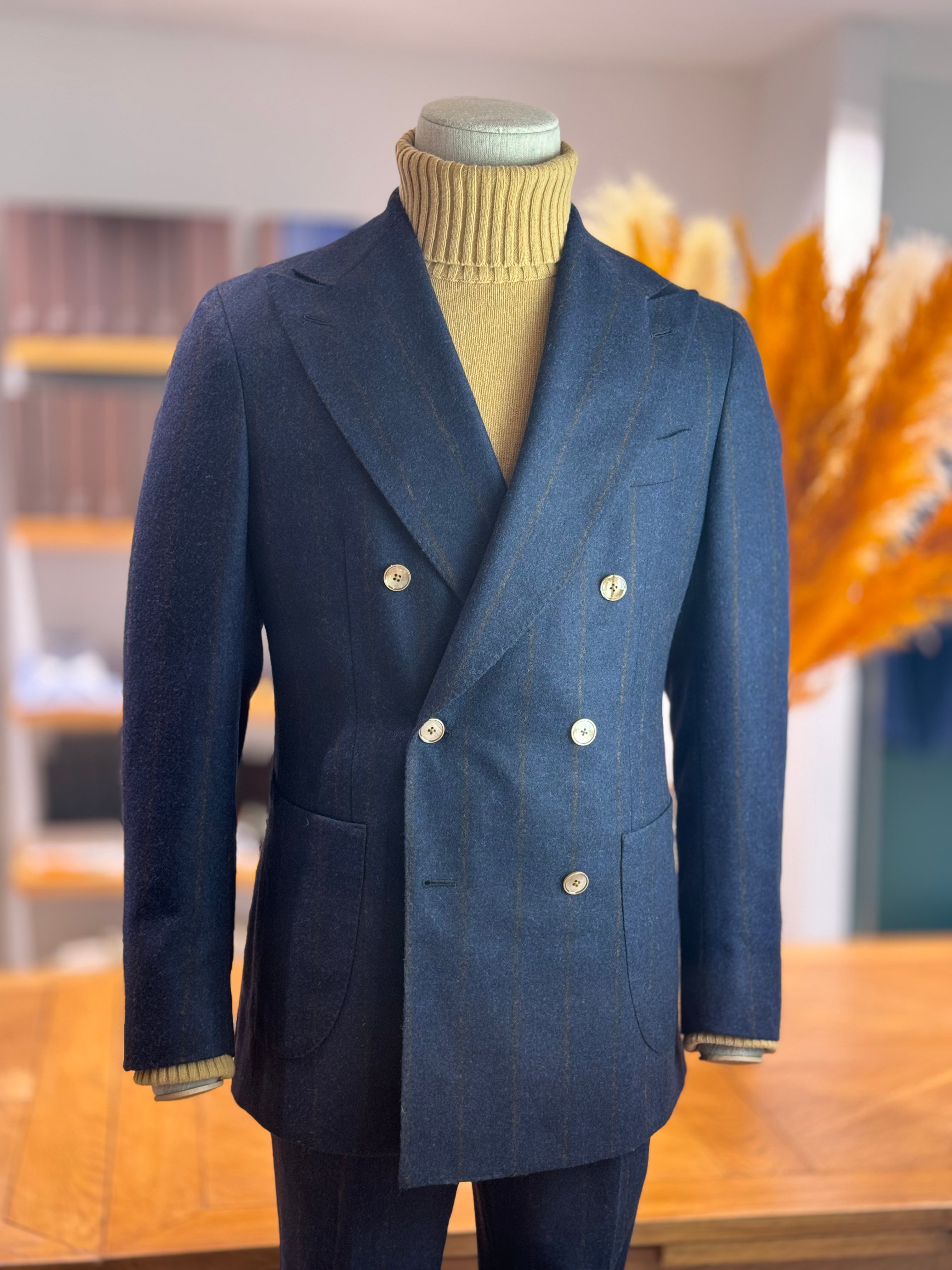 DOUBLE BREASTED SUIT ALPACA - NAVY WITH CAMEL STRIPES