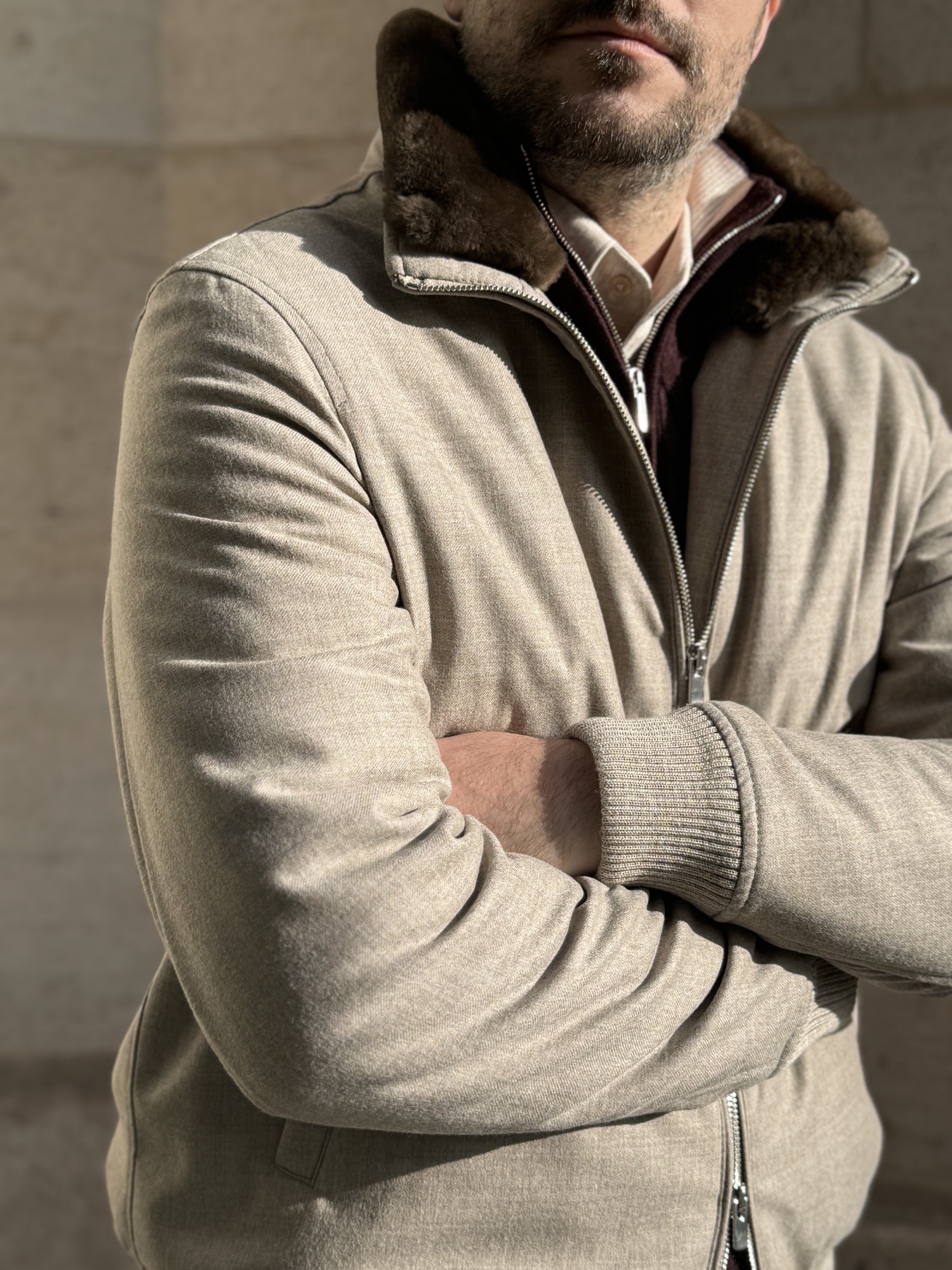 BOMBER JACKET WITH FUR COLLAR - BEIGE