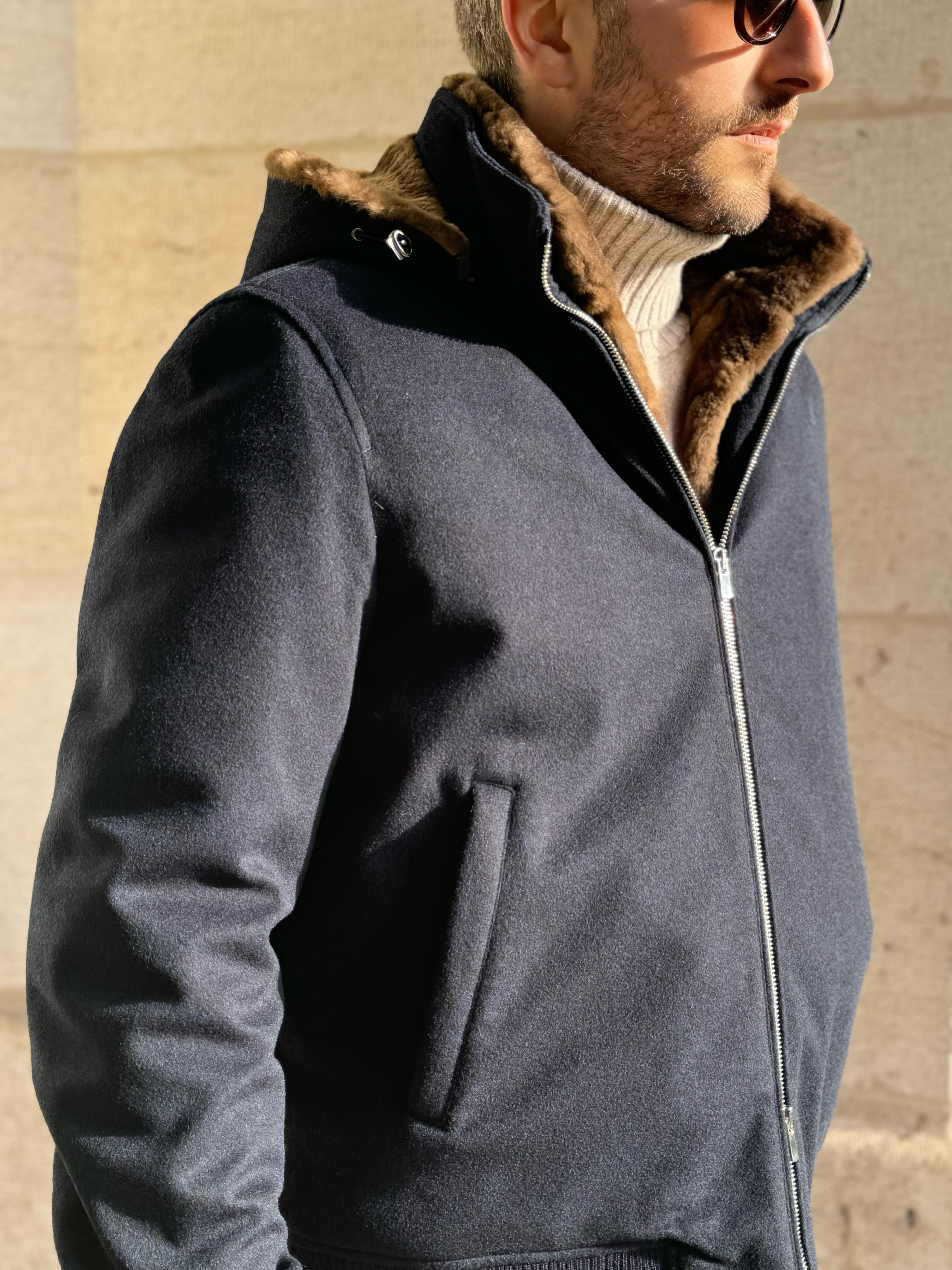 Bomber Hooded Full Fur - Wool Navy