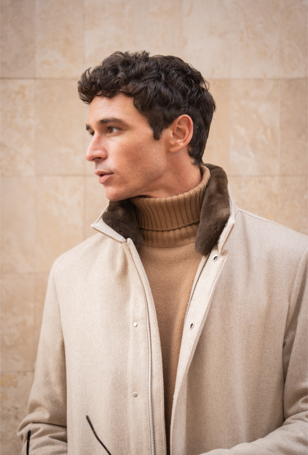 Smart Coat with fur collar - Cashmere Sand