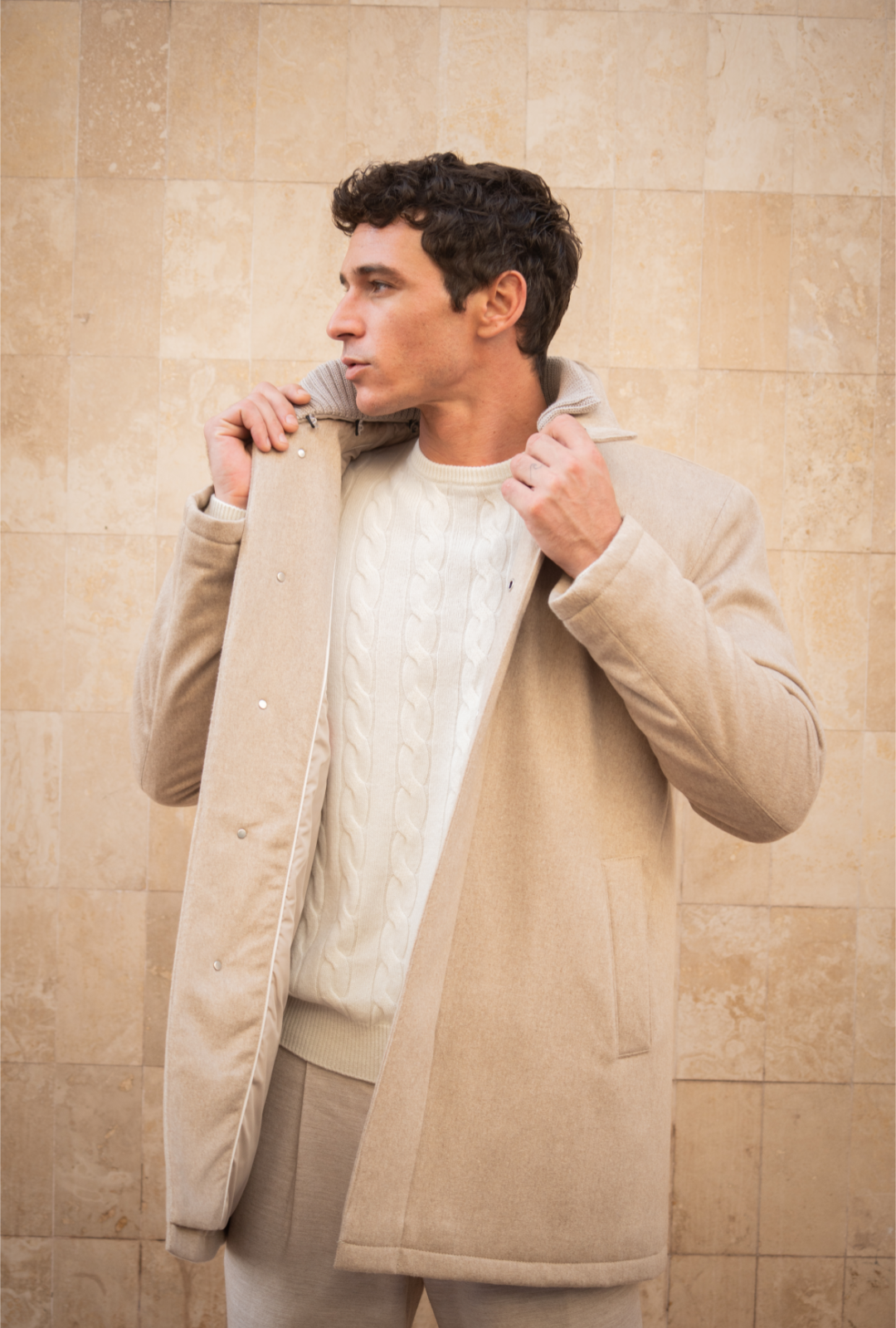 Smart Coat with Knitted Collar - Cashmere Sand