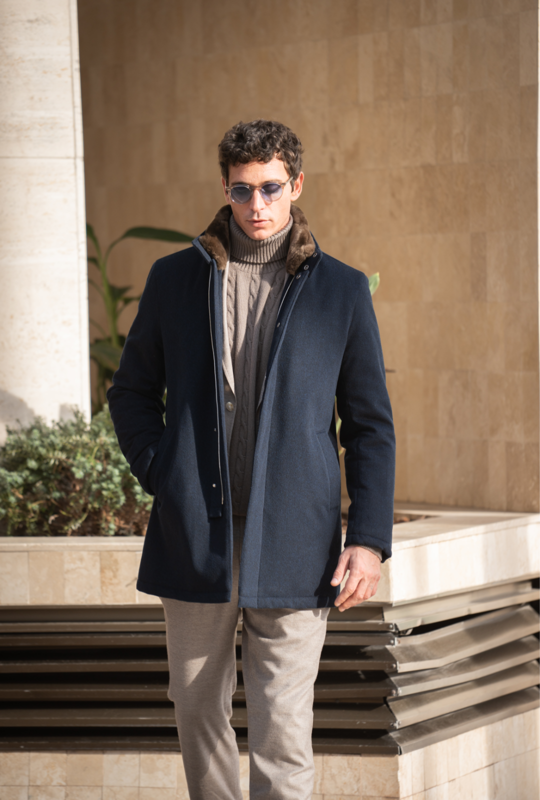 Smart Coat with Fur Collar - Wool Navy