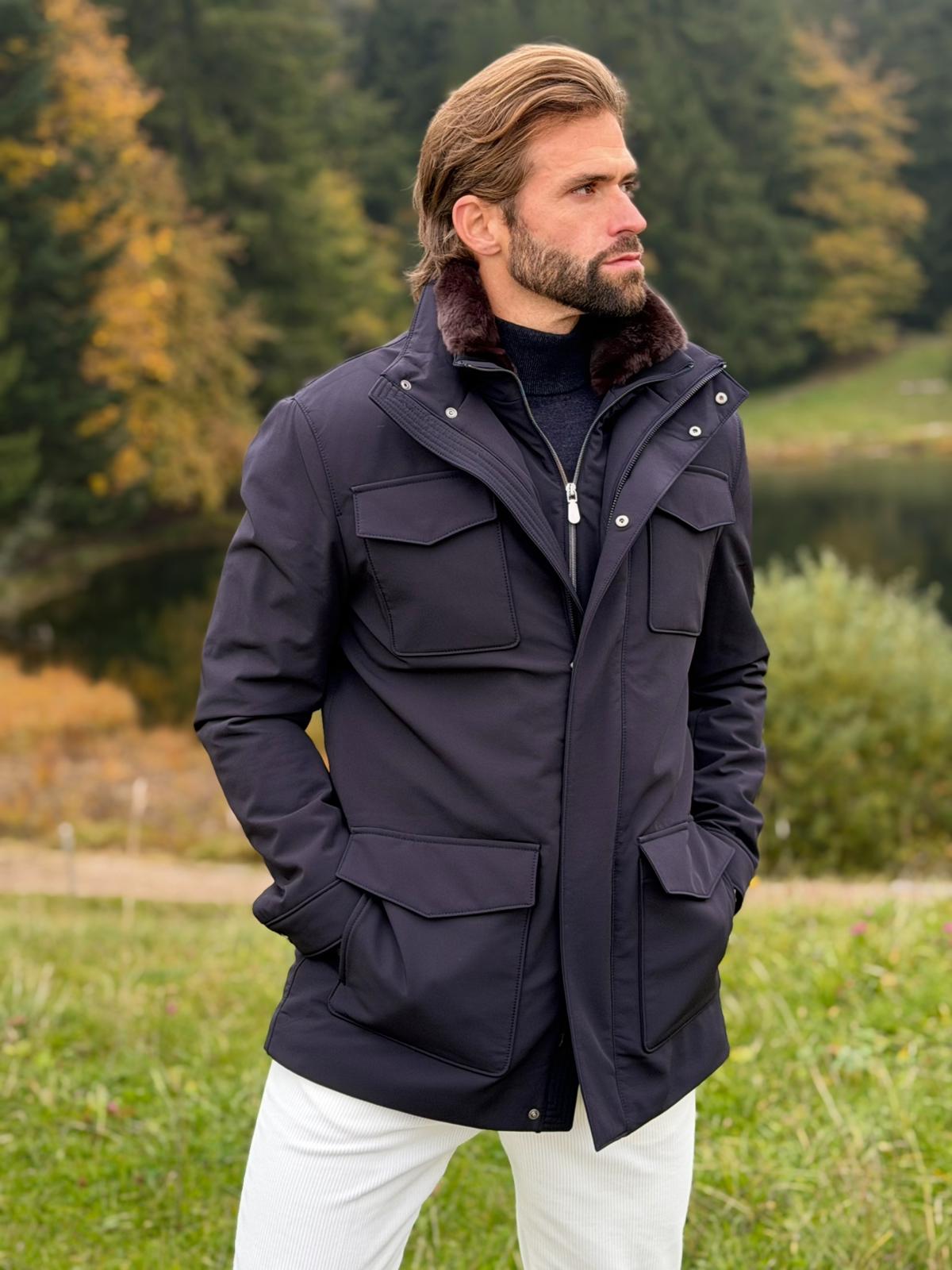 Field Jacket with Fur Collar - Technical Navy