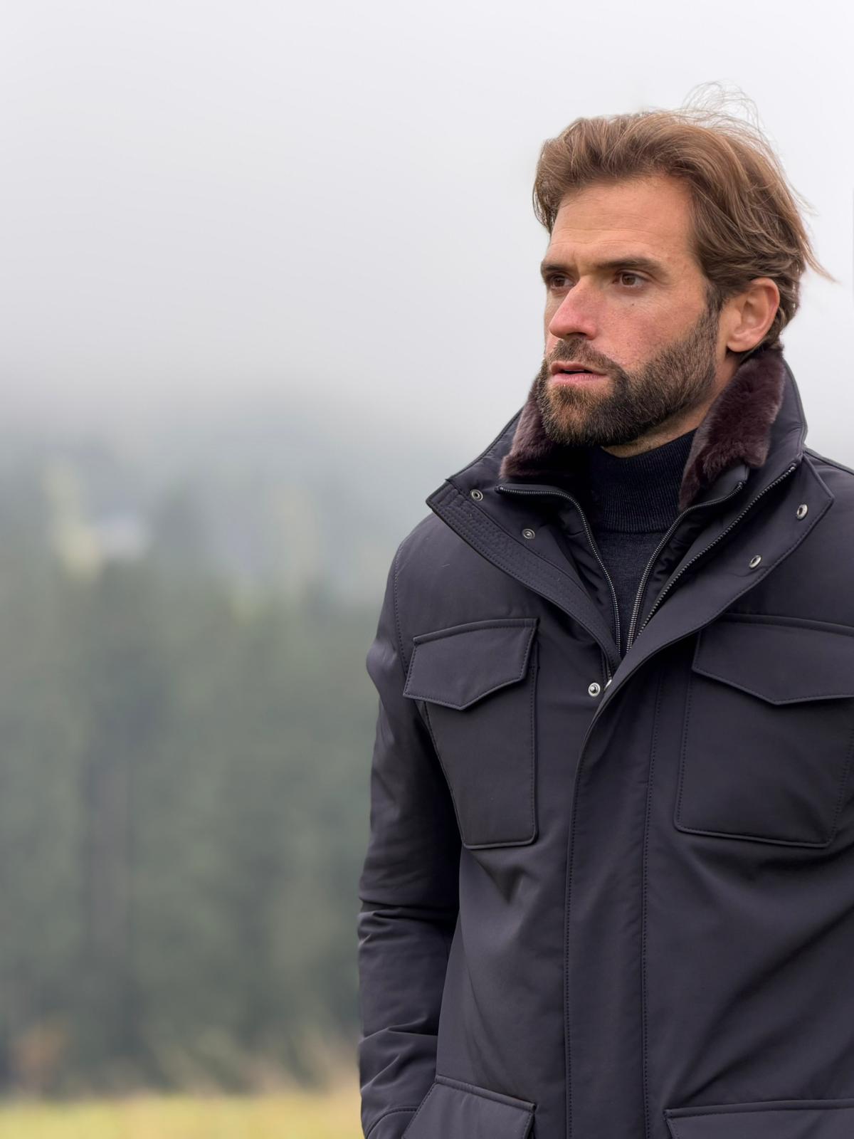 Waterproof Field Jacket with Fur Collar - Navy