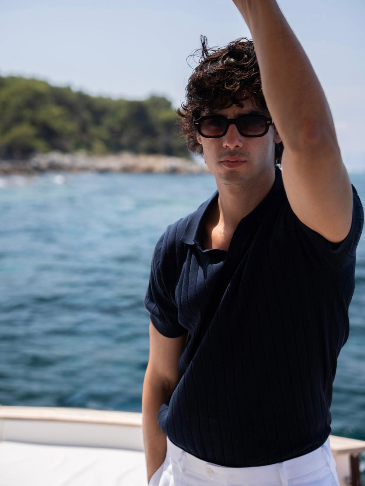 Ribbed Buttonless Polo - Navy