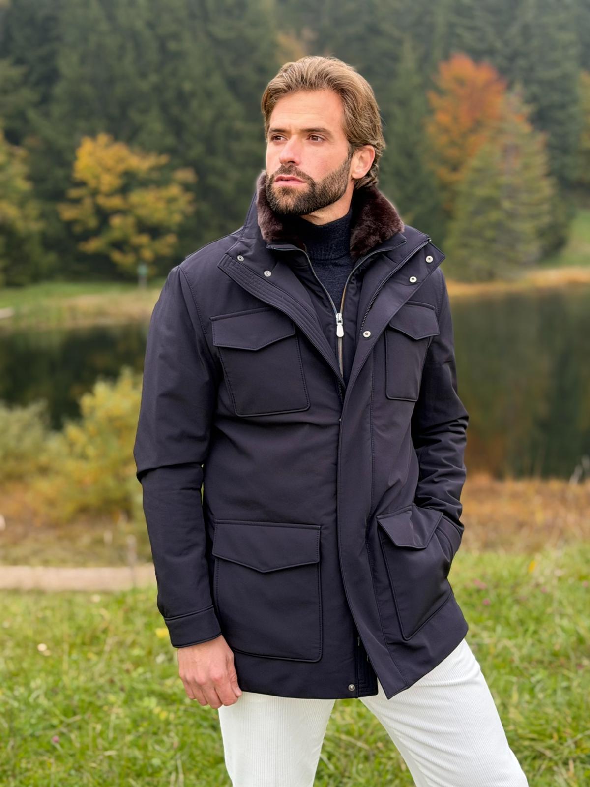 Field Jacket with Fur Collar - Technical Navy
